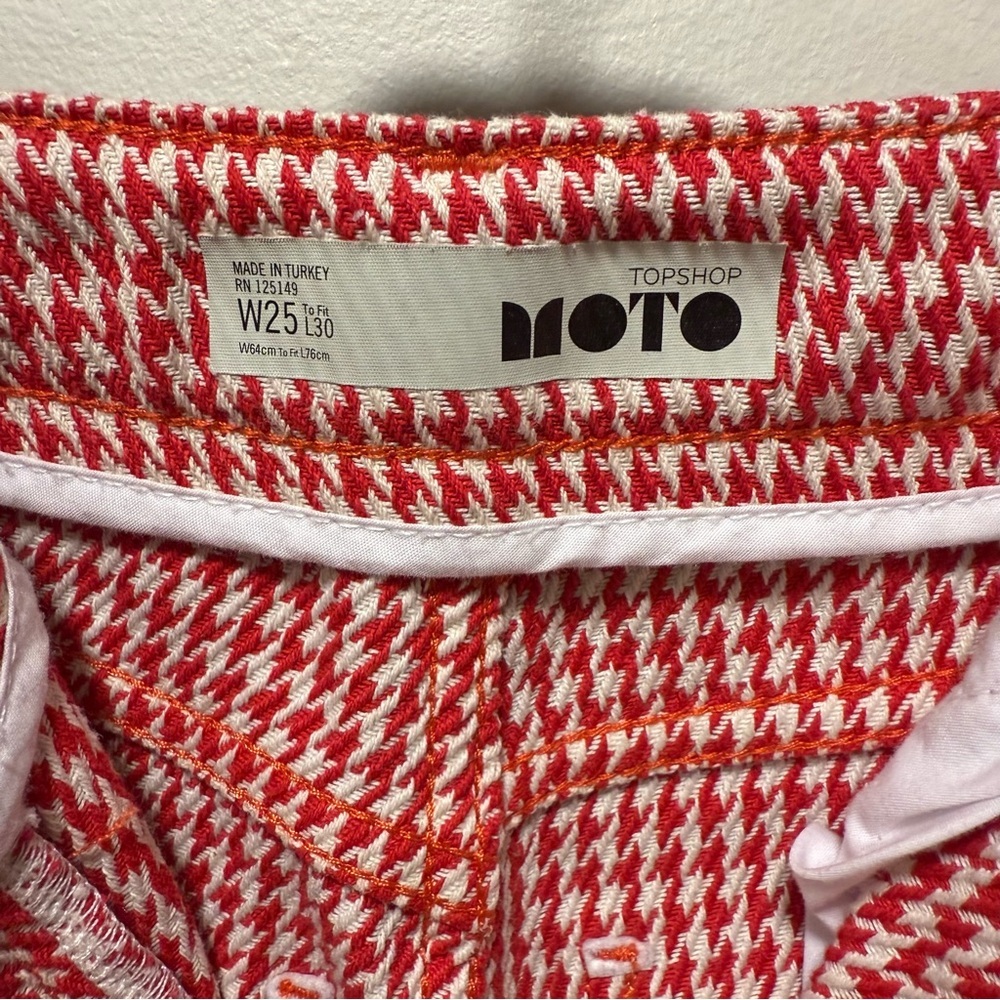 Topshop MOTO Red Houndstooth Wide Leg Cropped 100% Cotton Capri Pants - W25 - Picture 6 of 9